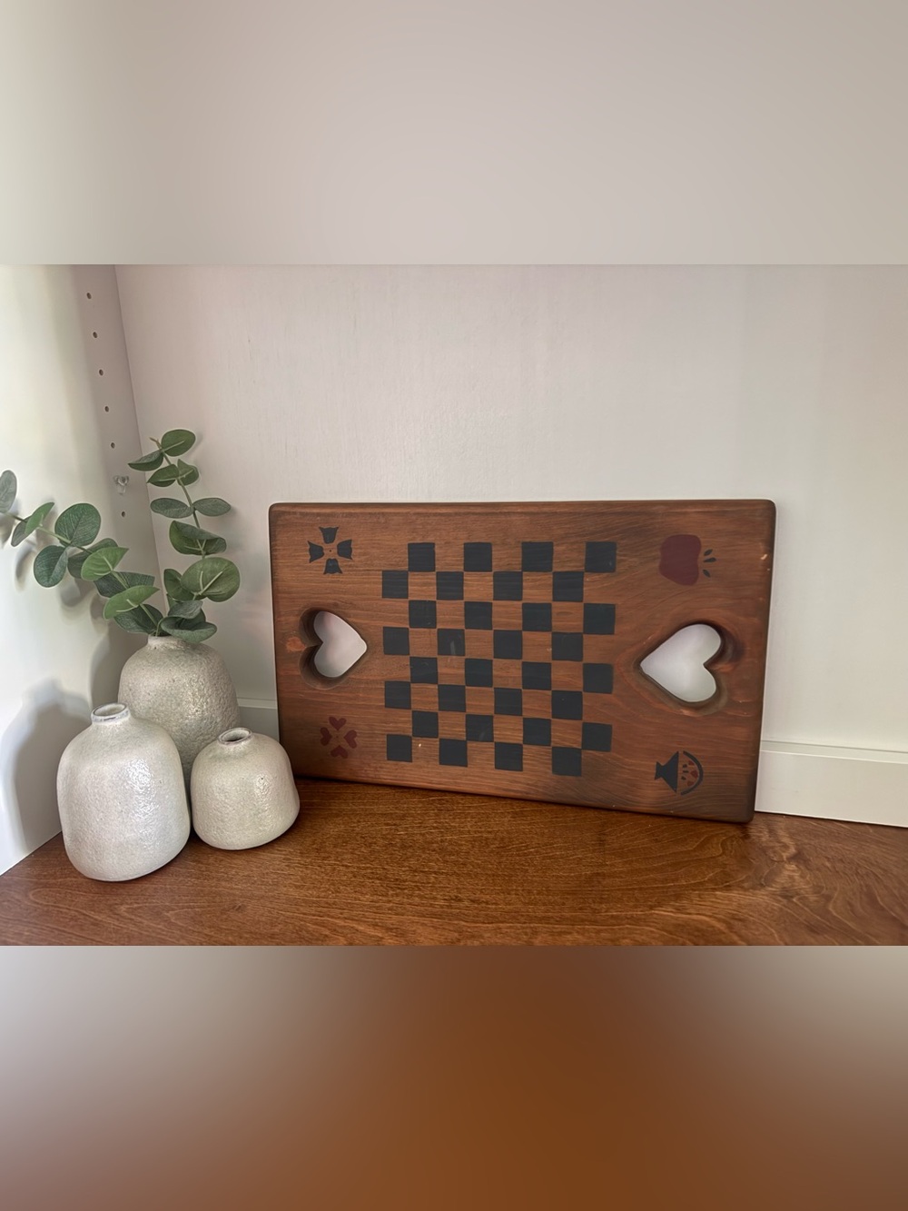 Handcrafted Wooden Board/Tray/Decor with Heart Handles, Painted Designs